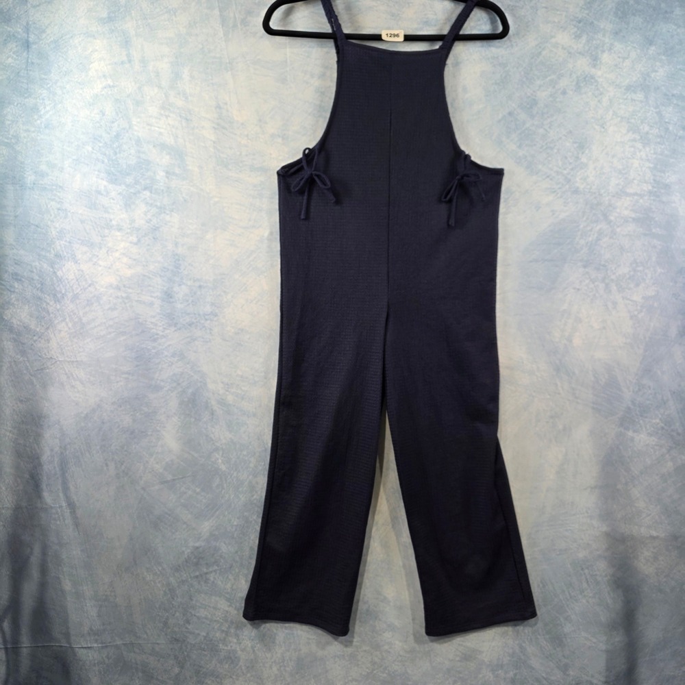 Speechless Kids Navy Blue Textured Wide Leg Jumpsuit Bib Front Tie Detail Size M